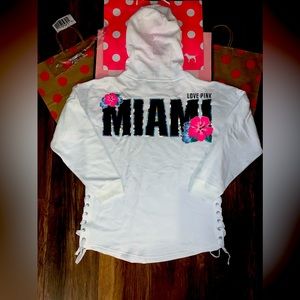 NEW VS PINK Size SMALL Miami Destination Side Lace Up Campus Hoodie Pullover.